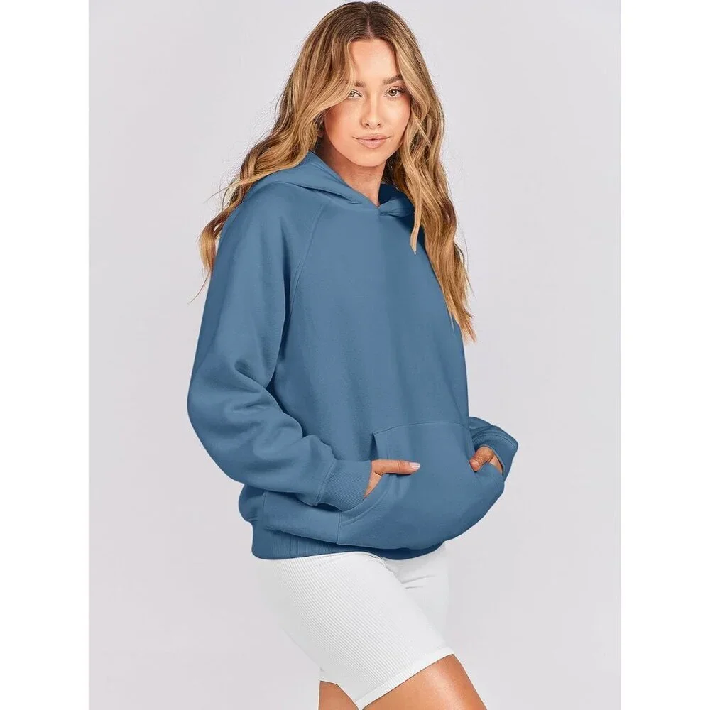 Women Deep Blue Hoodies Oversized Fleece Long Sleeve Comfy Casual Sweatshirts - Picture 3 of 9